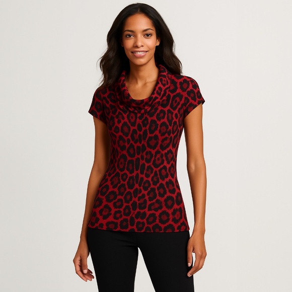 INC cheetah print cowl neck stretch sweater with cap sleeve. - Picture 3 of 6